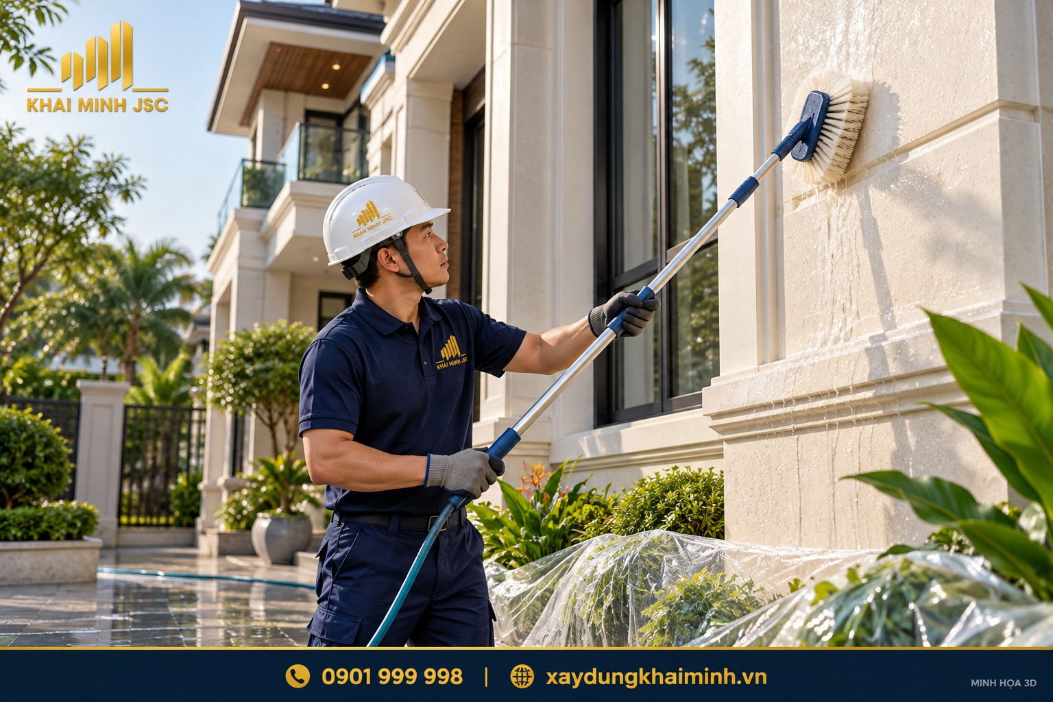 Nhân viên Khải Minh dùng bàn chải mềm vệ sinh tường ngoài biệt thự
