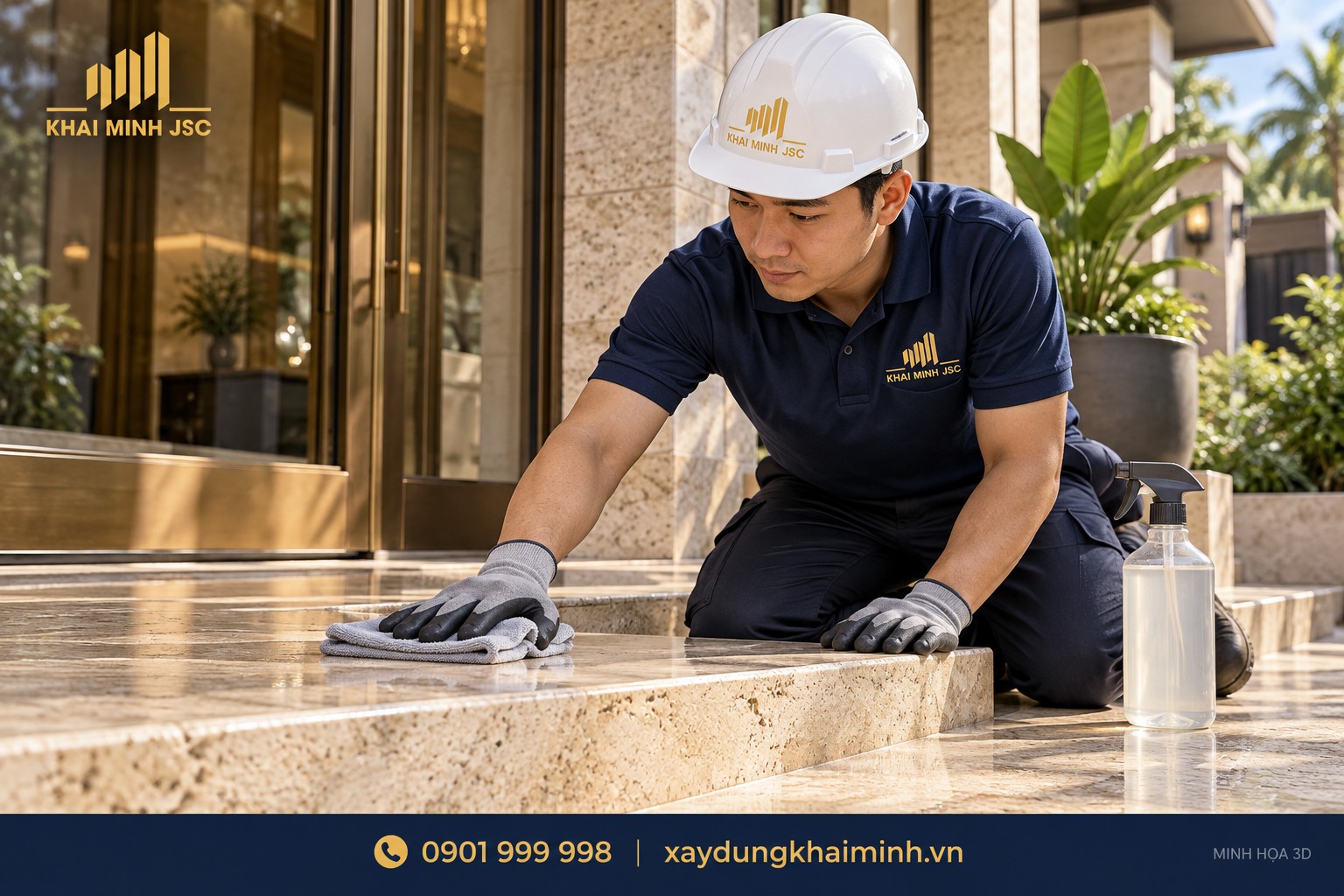Vệ sinh đá travertine mặt tiền bằng khăn mềm tại sảnh biệt thự