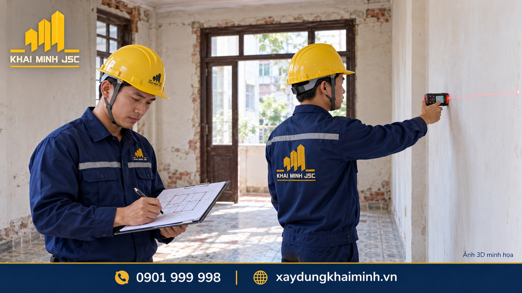 Kỹ sư Khải Minh đo kích thước nhà hiện hữu bằng máy laser