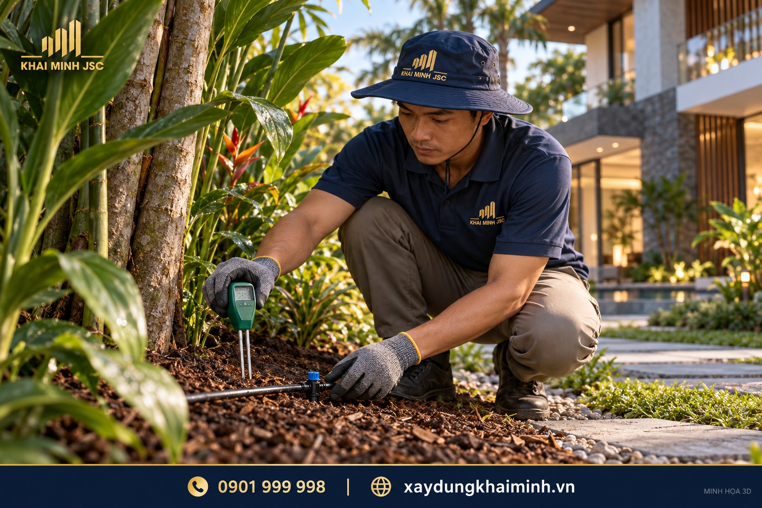 Người làm vườn kiểm tra đất và đầu tưới nhỏ giọt quanh cây cảnh