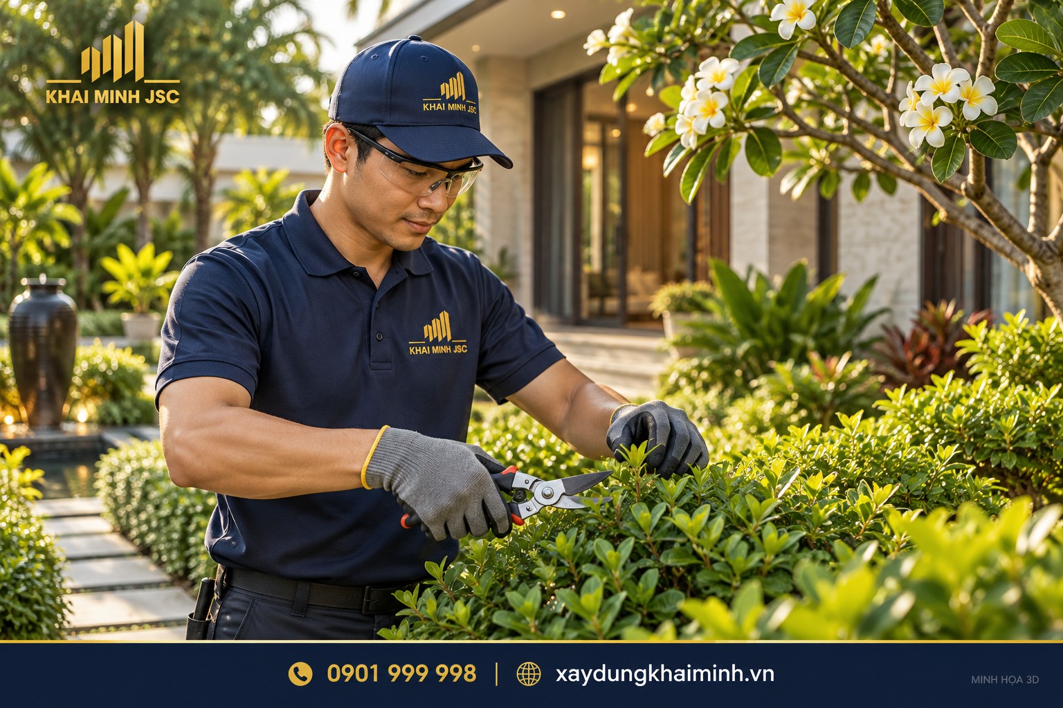 Thợ sân vườn Khải Minh cắt tỉa nhẹ cây bụi giữ hình dáng tự nhiên