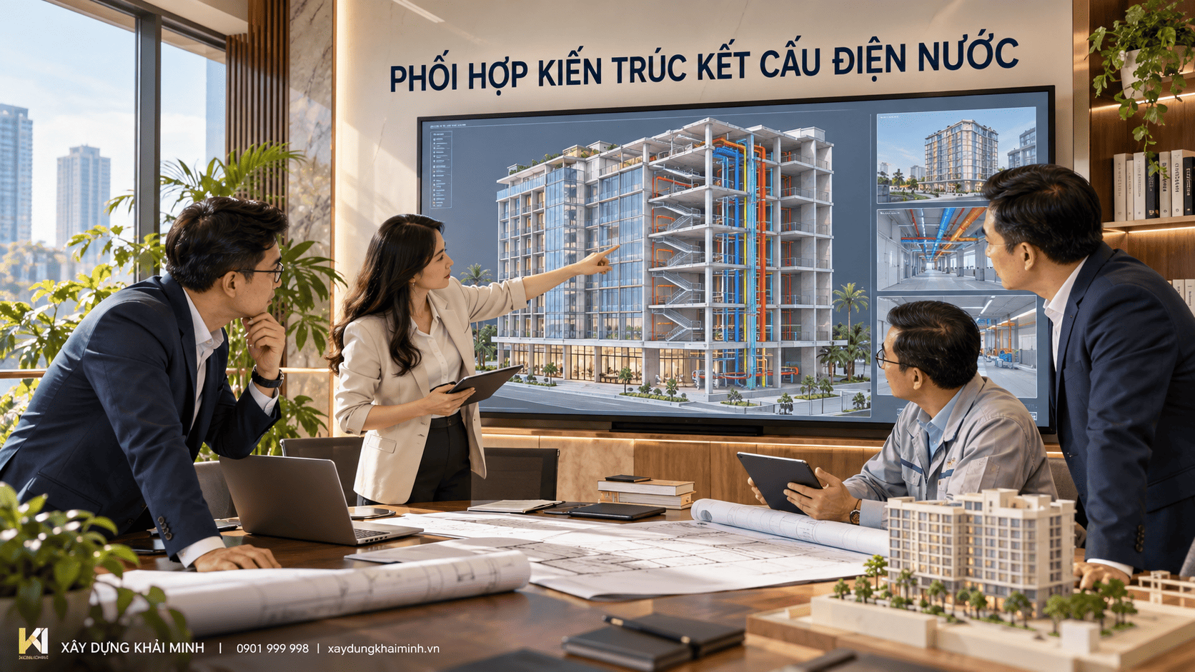 Minh họa phối hợp kiến trúc, kết cấu và điện nước.
