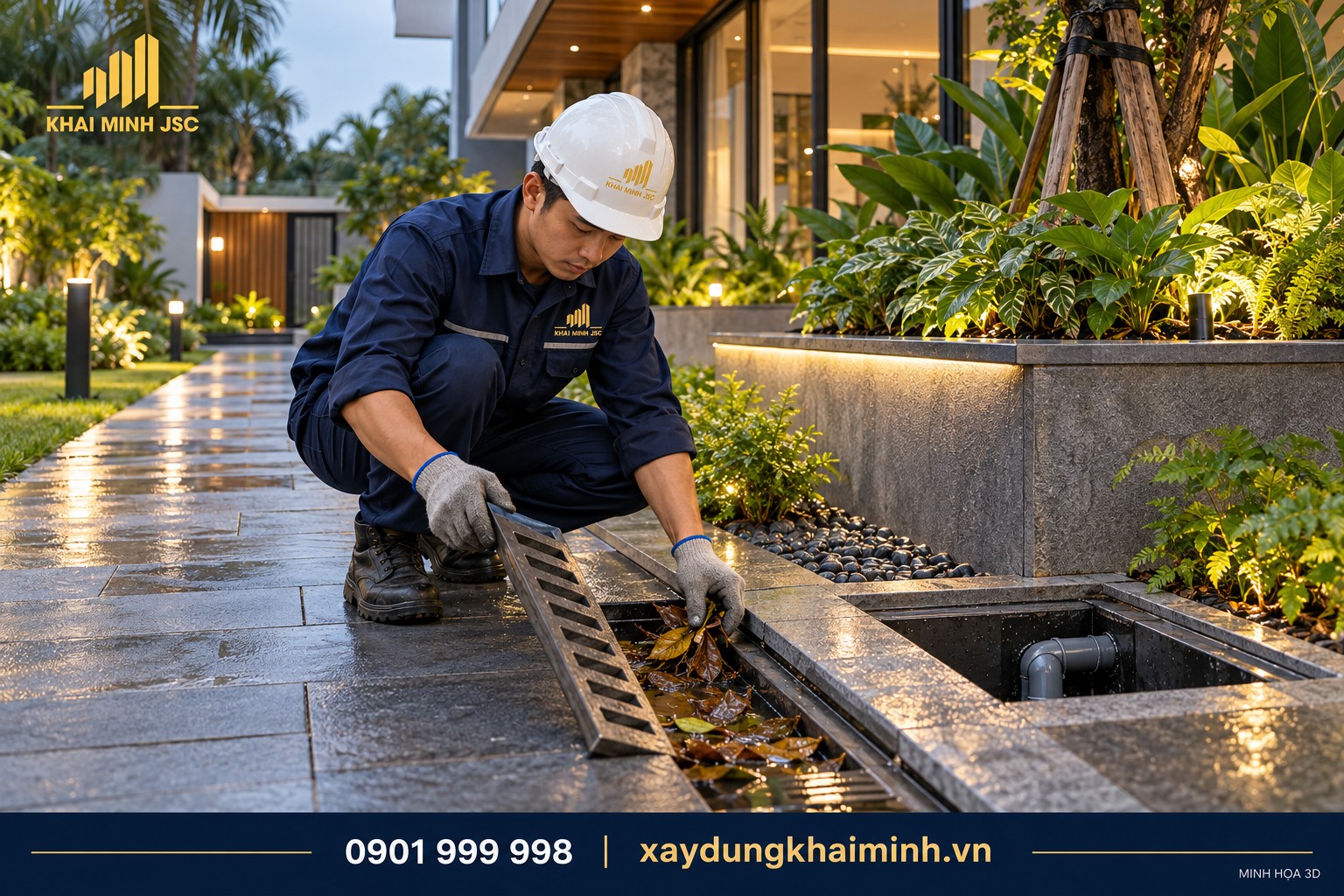 Nhân viên vệ sinh rãnh thu nước sân biệt thự sau mưa