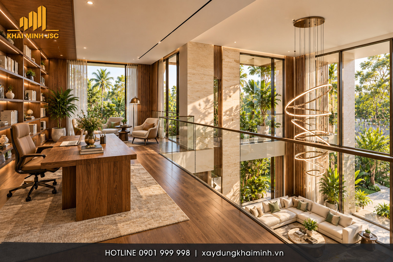 Tầng lửng biệt thự hiện đại có thư viện và thông tầng