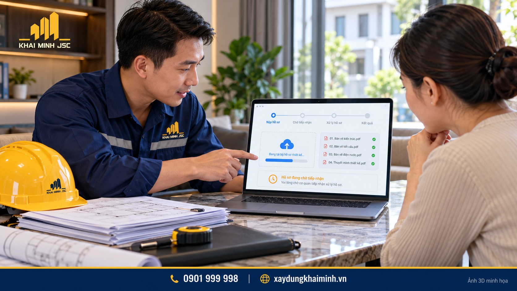 Chuyên viên Khải Minh hỗ trợ chủ nhà nộp hồ sơ xây dựng trực tuyến