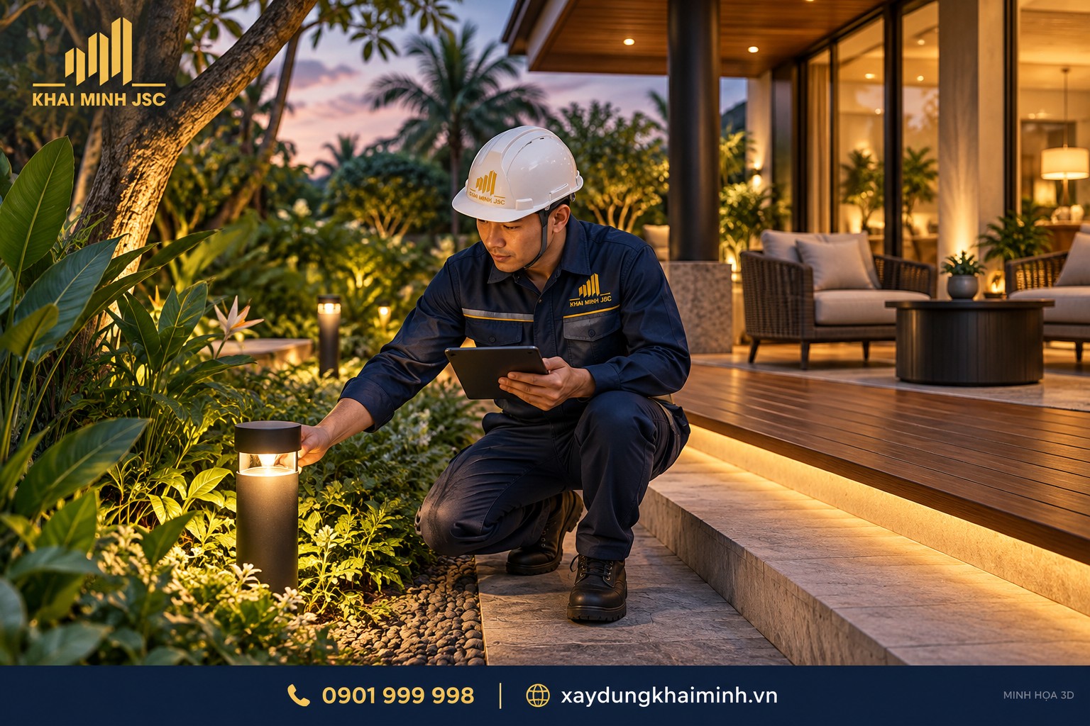 Sân vườn biệt thự với đèn lối đi ánh sáng ấm và khu ngồi thư giãn