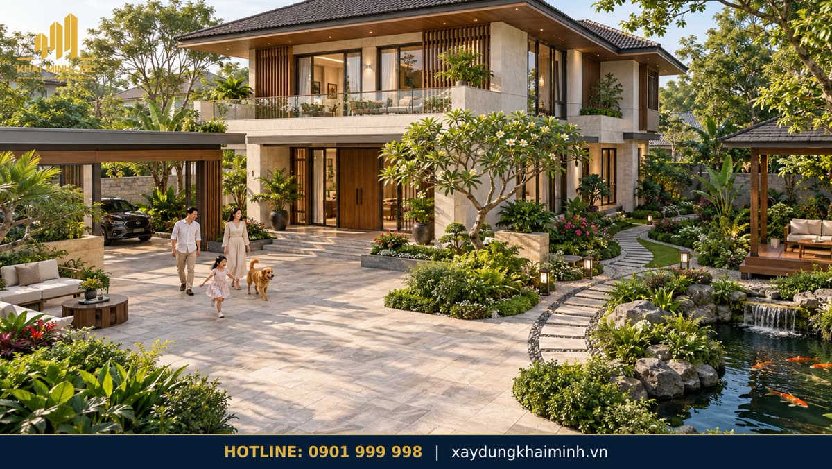 Phong thủy sân vườn biệt thự có sân đón, lối dạo và hồ cảnh