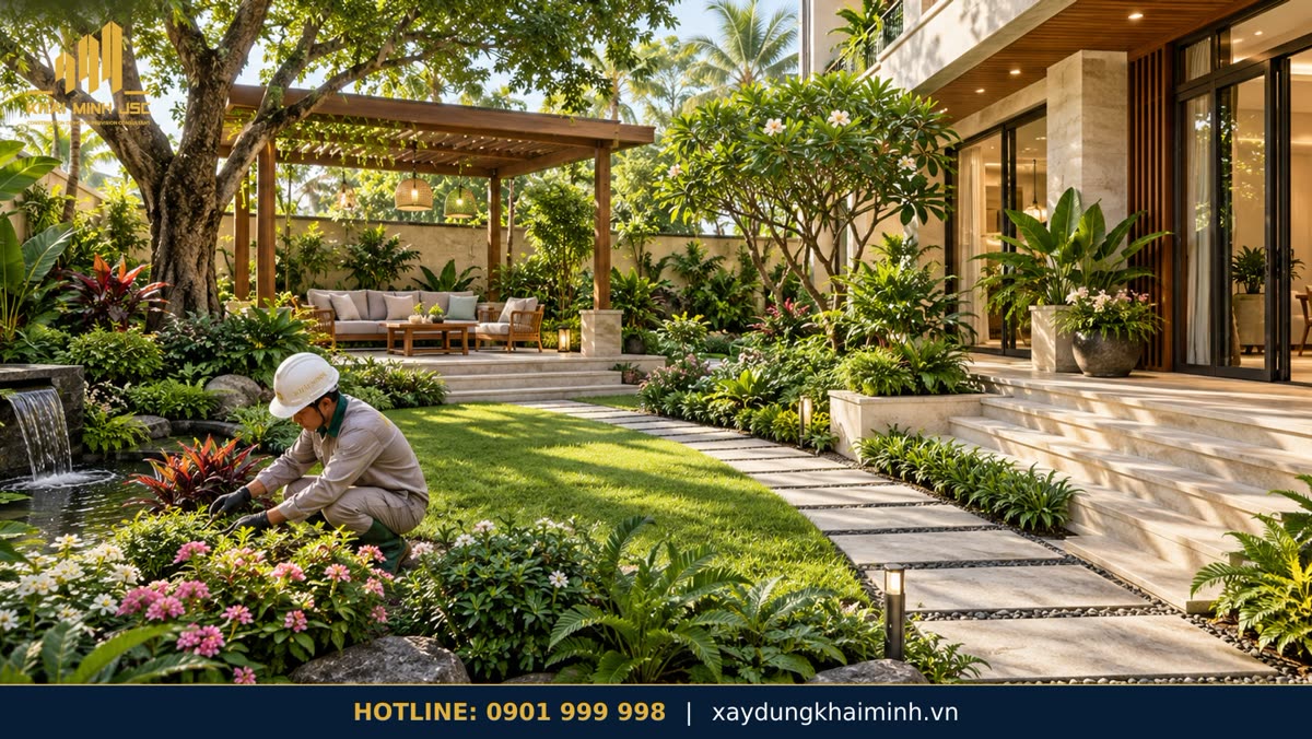 Phong thủy sân vườn: cây xanh nhiều tầng, chừa lối chăm sóc