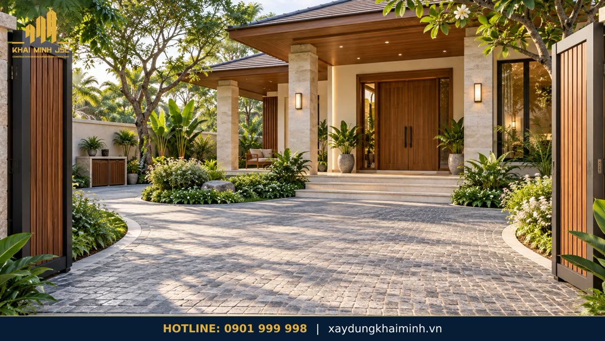 Phong thủy sân vườn: cổng và sân đón có hàng cây đệm
