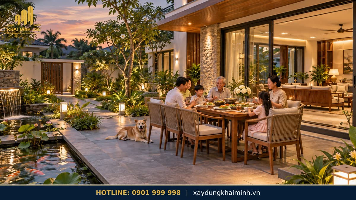 Phong thủy sân vườn buổi tối với đèn lối đi và bữa cơm gia đình