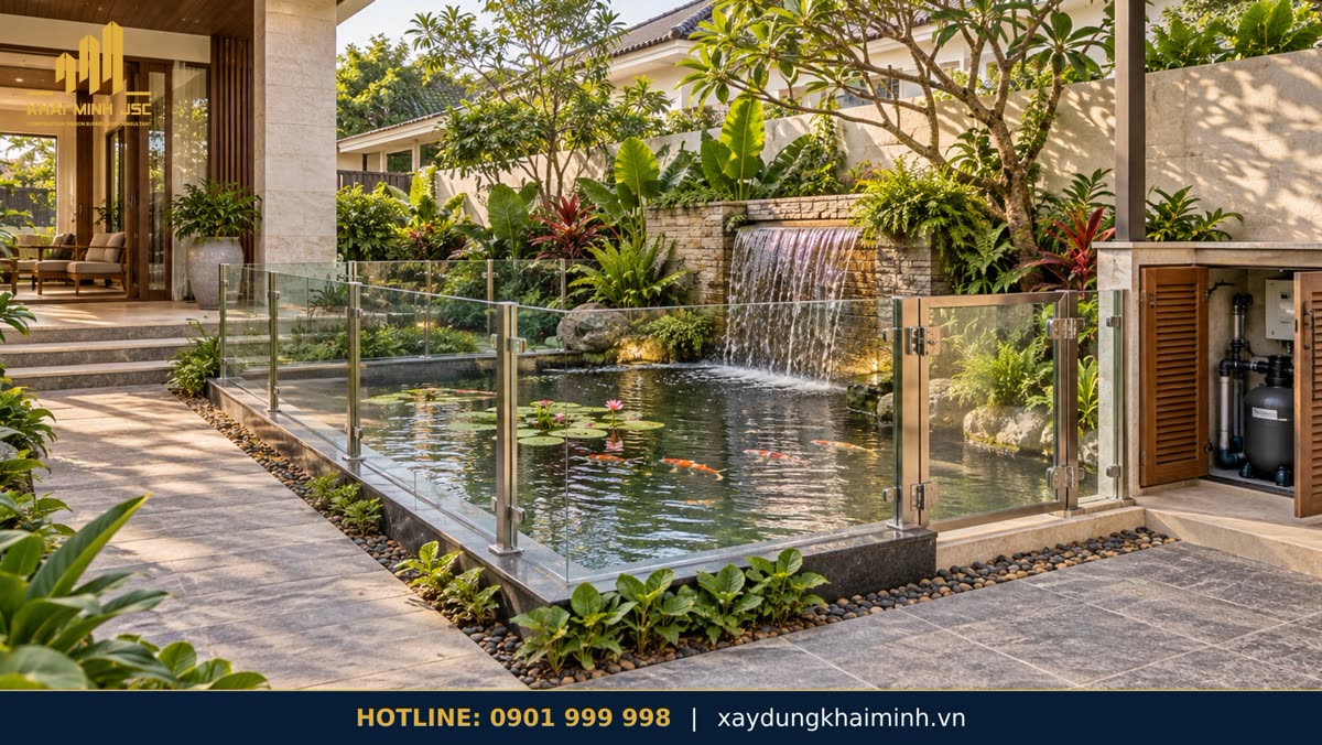 Phong thủy sân vườn: tiểu cảnh nước có kính bảo vệ