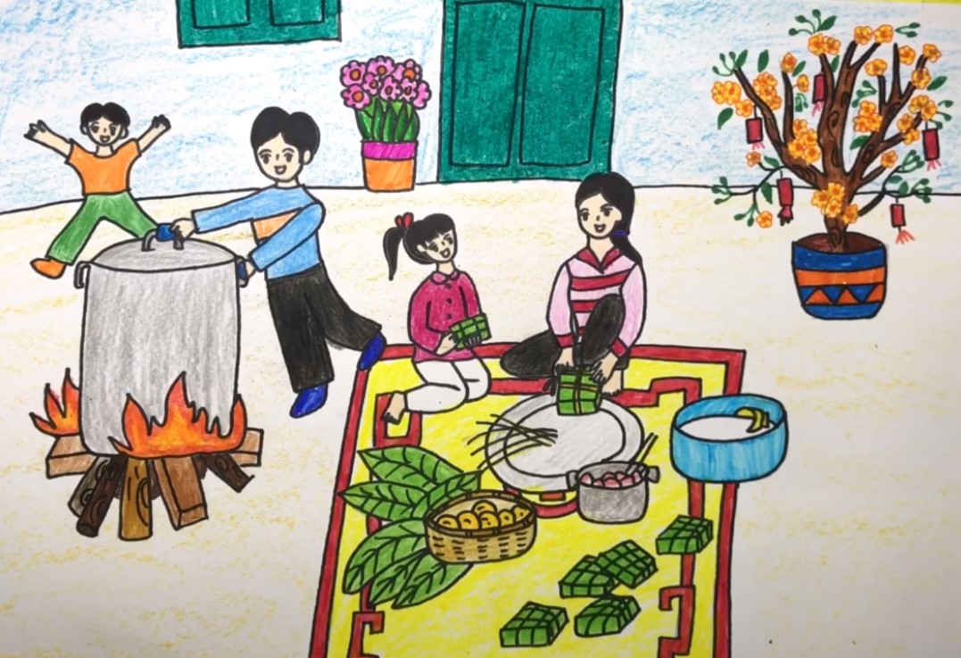 Ý Tưởng Vẽ Tranh Đề Tài Ngày Tết Tràn Đầy Ý NGhĩa 5 Gia đình quây quần ngồi gói bánh chưng Tết là chủ đề vẽ tranh đầy ý nghĩa