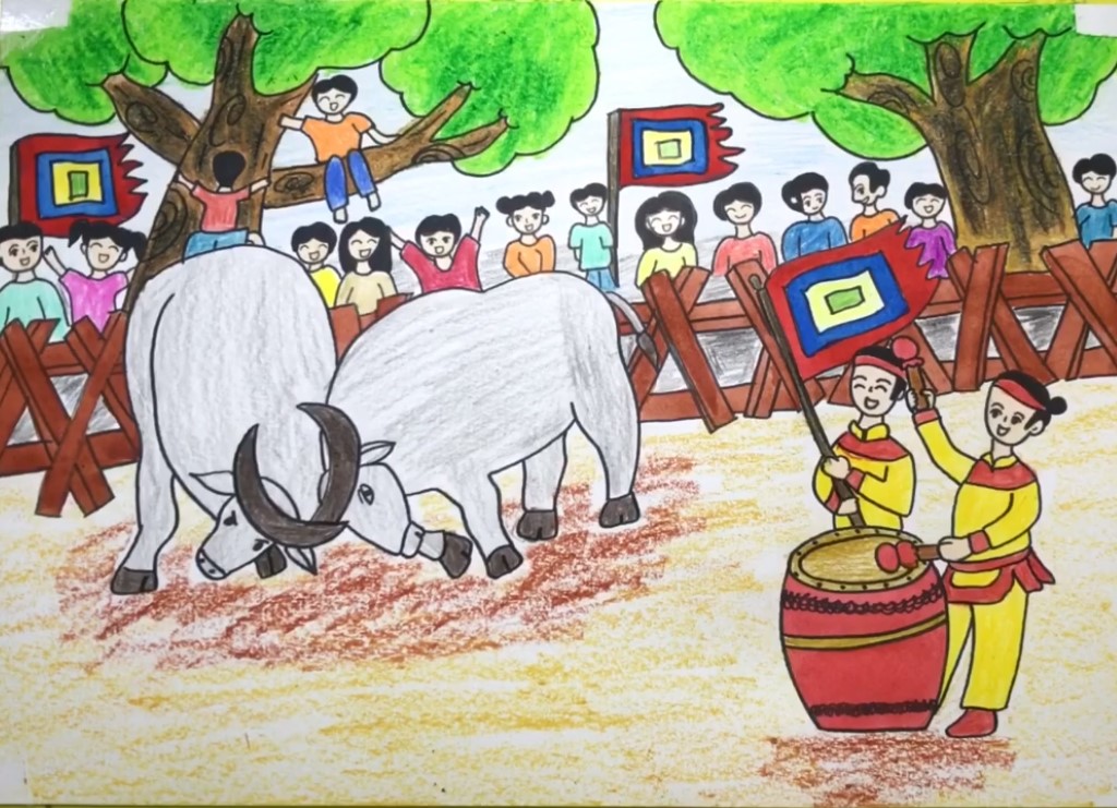 5 ý tưởng vẽ tranh đề tài lễ hội độc đáo 4 Tranh Lễ Hội Chọi Trâu