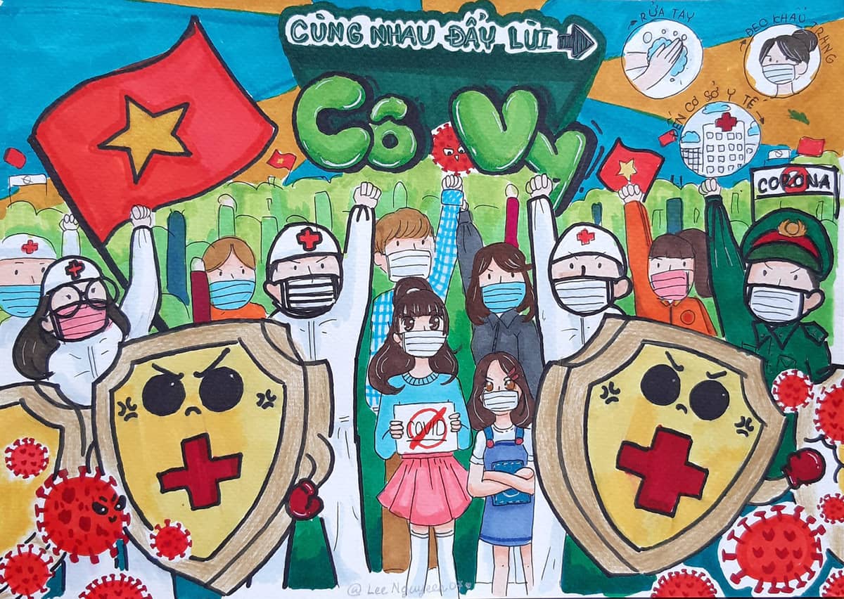 Thiếu Nhi Vẽ Tranh Tuyên Truyền Chống Covid-19 (CORONA) 8 Việt Nam quyết tâm đẩy lùi dịch bệnh COVID-19 (Corona)