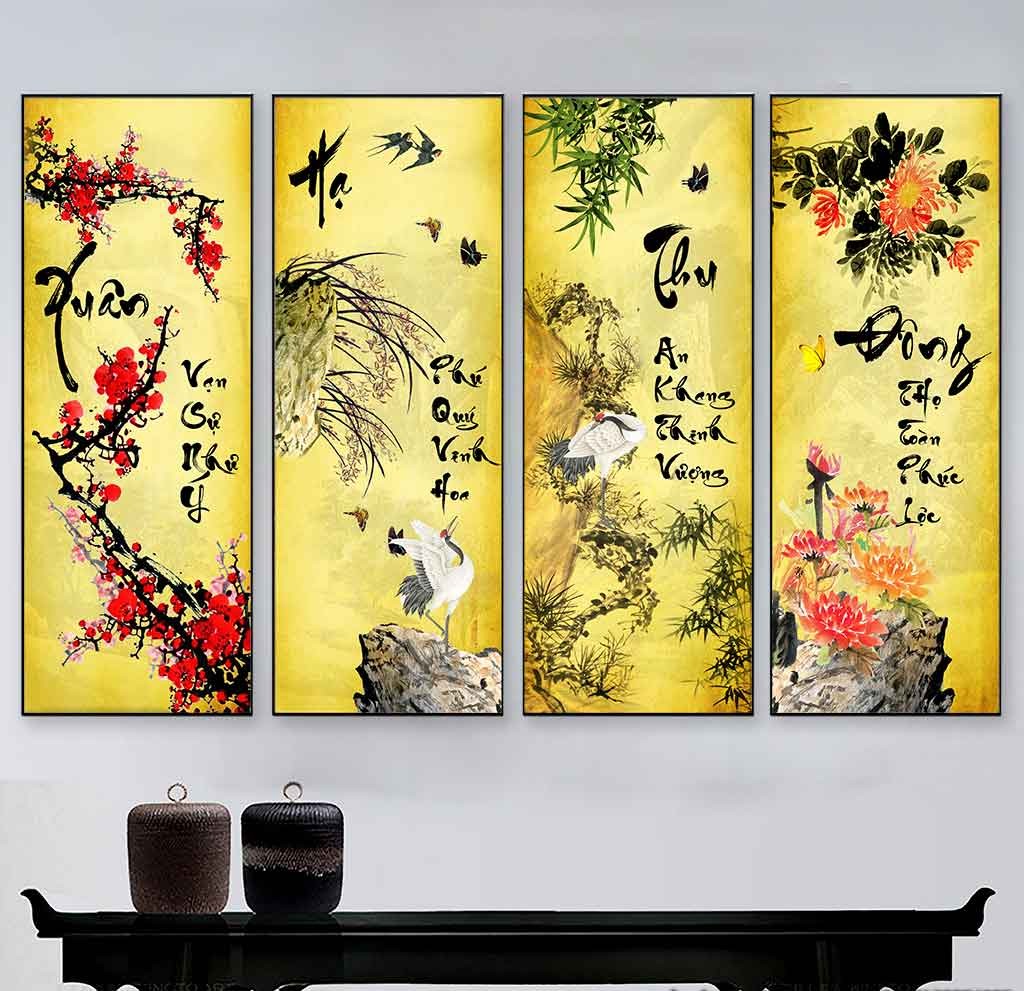 Tìm hiểu ý nghĩa của 1 số chủ đề tranh mừng khai trương được ưa chuộng 6 Tranh Tứ Quý gồm 4 loài hoa tượng trưng 4 mùa Xuân – Hạ – Thu – Đông