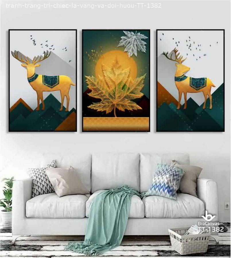 Dịch vụ In Tranh Canvas tại Brocanvas 7 Tranh trang trí: "Chiếc lá vàng và đôi hươu" TT-1382
