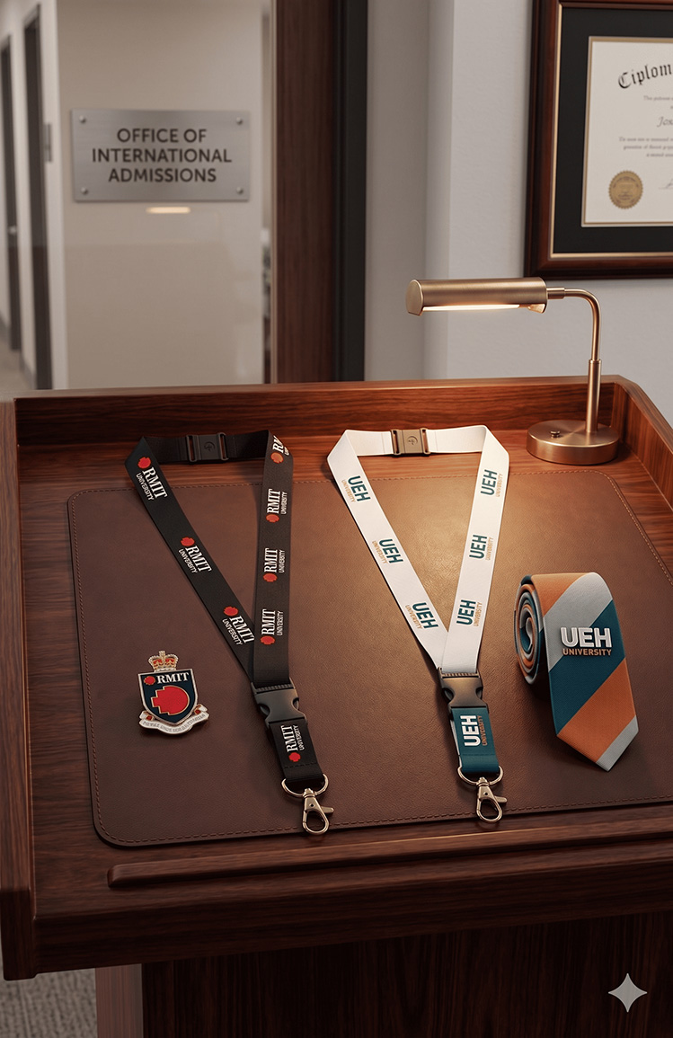 Sinh viên đeo dây đeo IUH UEH UTH chuyên nghiệp