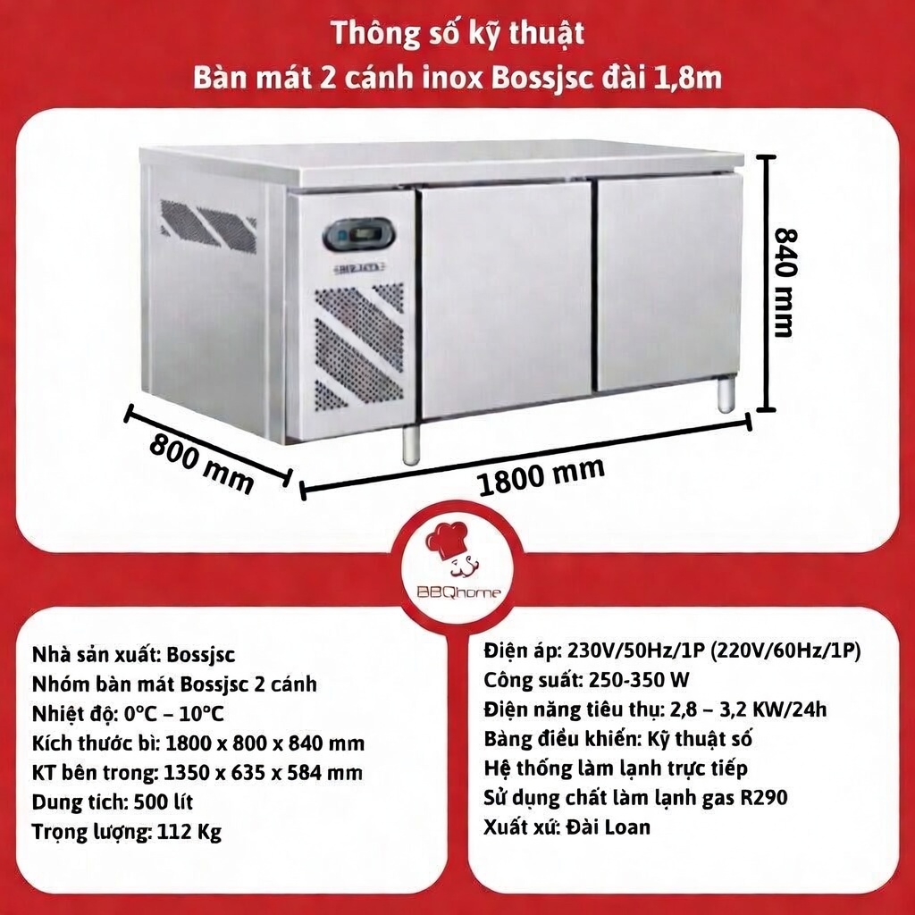 BÀN MÁT INOX DÀI 1M8 BOSS JSC CÁNH INOX (HÀNG XUẤT CHÂU ÂU )