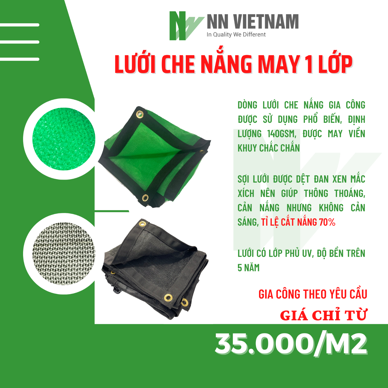 Lưới Che Lan, Cây Trồng - Lưới che nắng 50% - Màu Xanh (May 1 lớp)