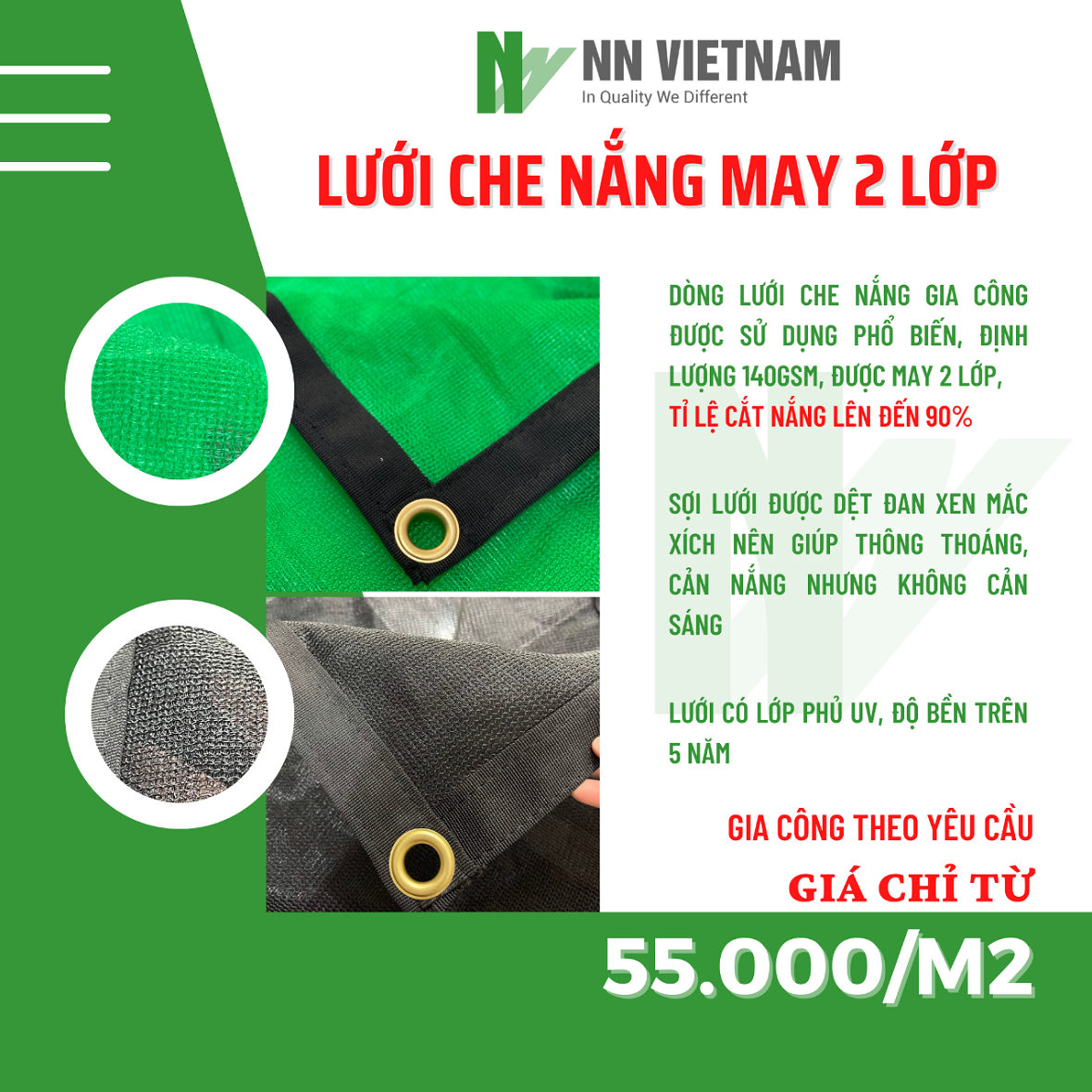 Lưới Che Lan, Cây Trồng - Lưới che nắng 70% - Màu xanh (May 2 lớp)