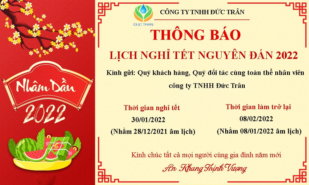 THÔNG BÁO LỊCH NGHỈ TẾT NGUYÊN ĐÁN 2022 