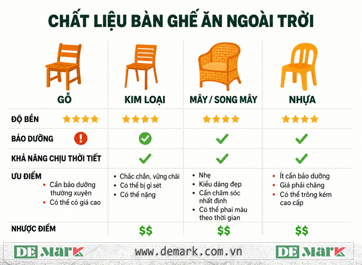 So sánh chất liệu bàn ghế sân vườn mây nhựa, nhôm và sắt sơn tĩnh điện