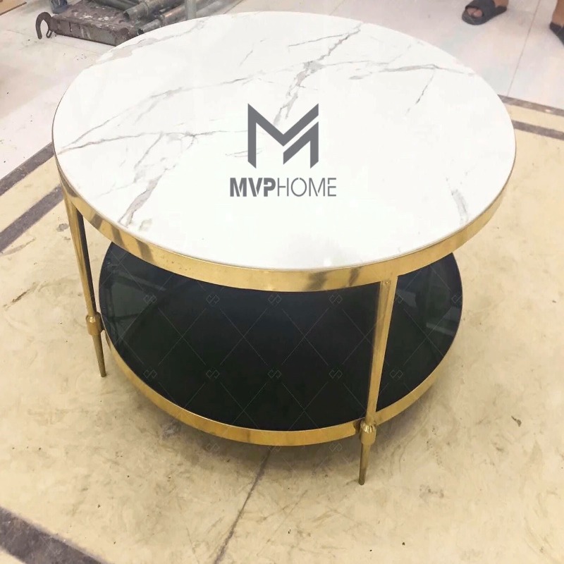 bàn tròn mạ vàng mặt đen