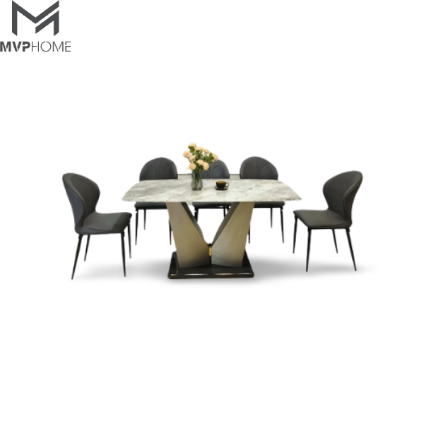 Bộ bàn ăn chân V thép bóng