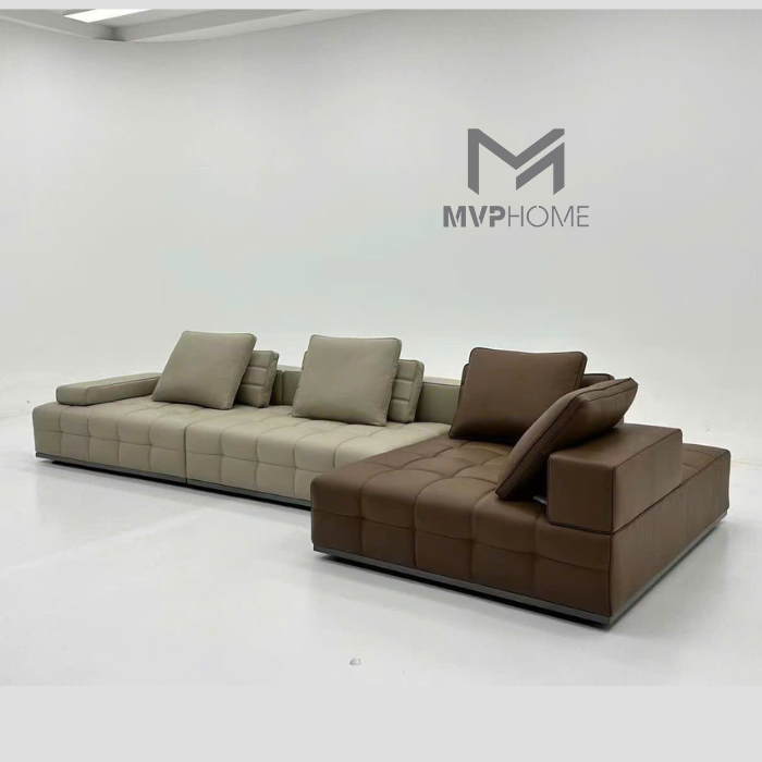 Bo ghe sofa da cao cap chu L mau xam sang trong hien dai tai MVP HOME