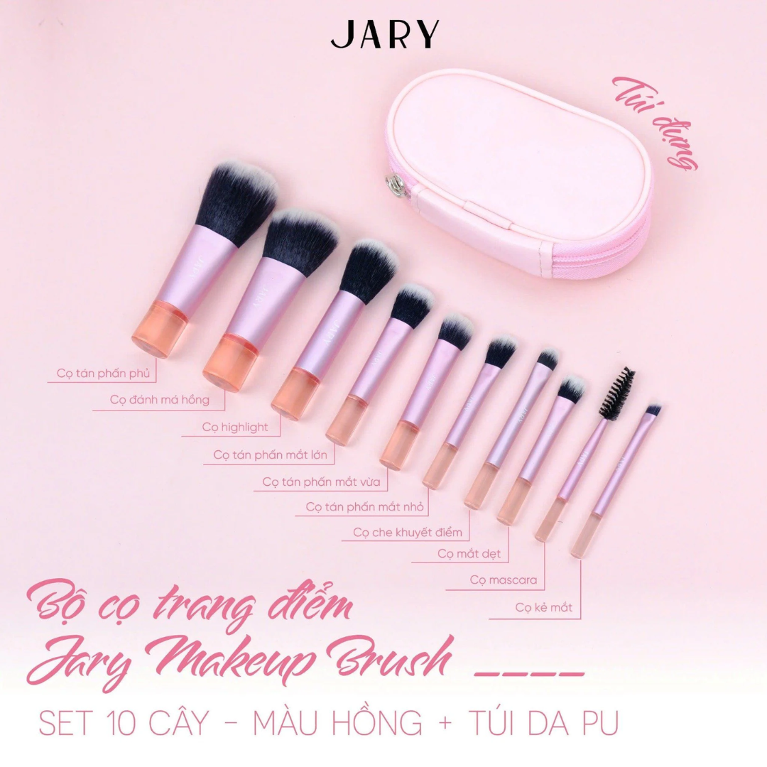 BỘ CỌ TRANG ĐIỂM JARY MAKEUP BRUSH - SET 10 CÂY + TÚI ĐỰNG DA PU - MÀU HỒNG