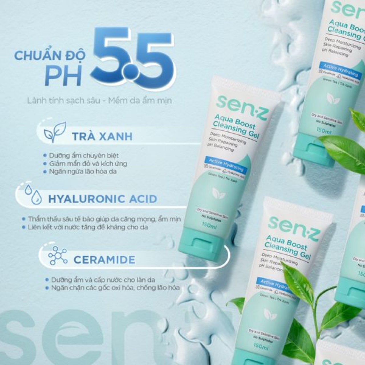 BMT Mini 3/2026 - Gel Rửa Mặt Senz Chiết Xuất Trà Xanh Cấp Ẩm Sâu 150ml D/C
