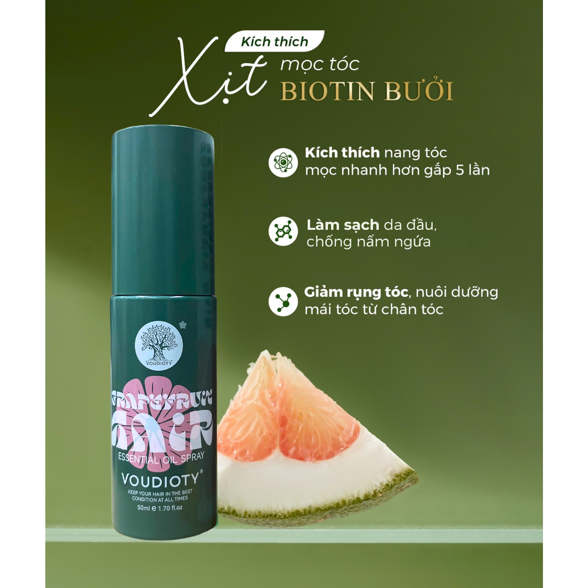 Voudioty Grapefruit Oil Control Growth Hair Spray Kích Thích Mọc Tóc, Dưỡng Tóc Chắc Khỏe 50ml