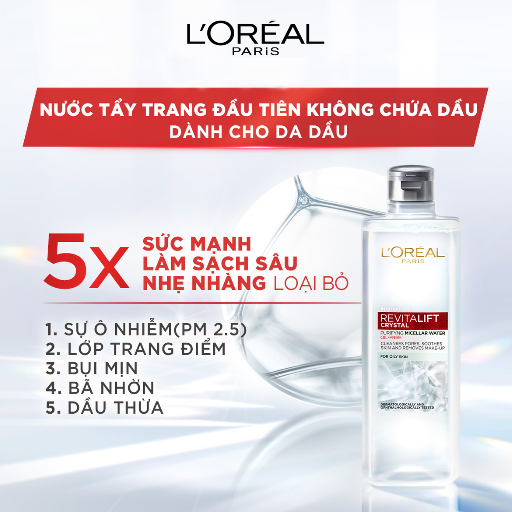 L'Oréal Paris Tẩy Trang Da Dầu Revitalift Crystal Purifying Micellar Water 400ml - Bạc