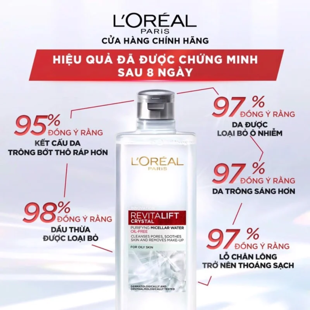 L'Oréal Paris Tẩy Trang Da Dầu Revitalift Crystal Purifying Micellar Water 400ml - Bạc