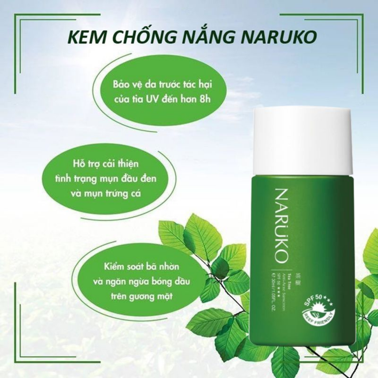 Naruko Kem Chống Nắng Tea Tree Anti-Acne Sunscreen SPF50/PA+++ 30ml
