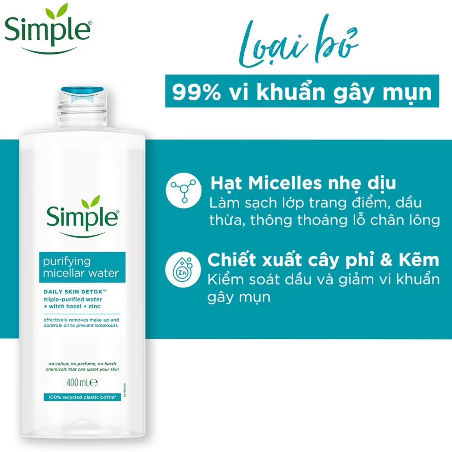 Simple Nước Tẩy Trang Daily Skin Detox Purifying Micellar 400ml D/C