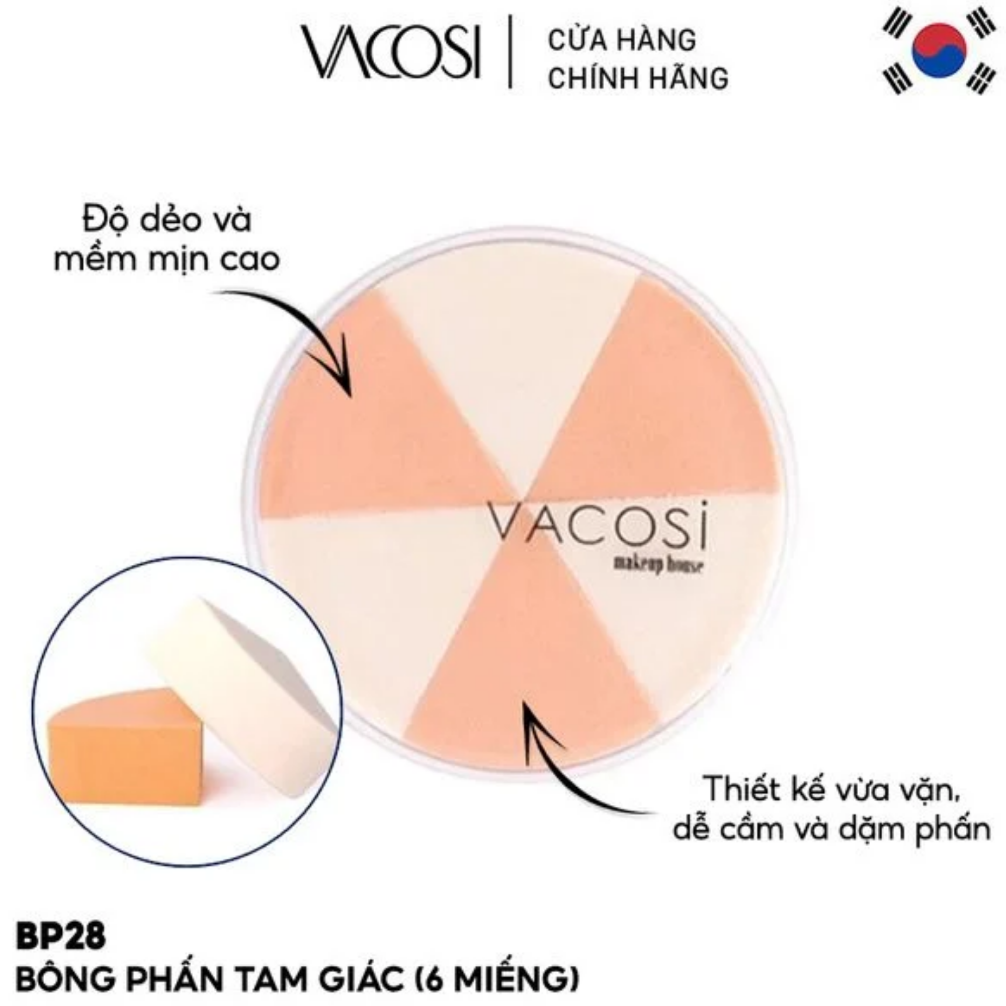 Vacosi Bông Phấn Uớt Tam Giác (Bịch 4 miếng) - BP27