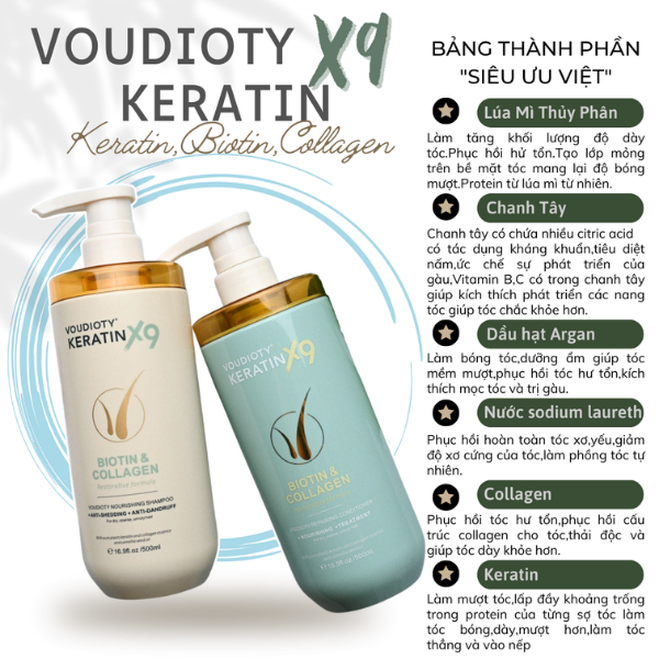 Voudioty Bộ Dầu Gội Xả Keratin X9 Biotin & Collagen 500ml