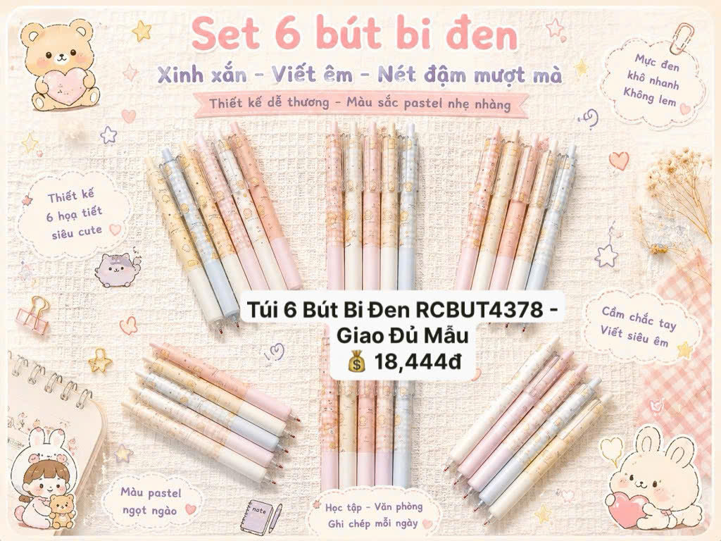 Túi 6 Bút Bi Đen RCBUT4378