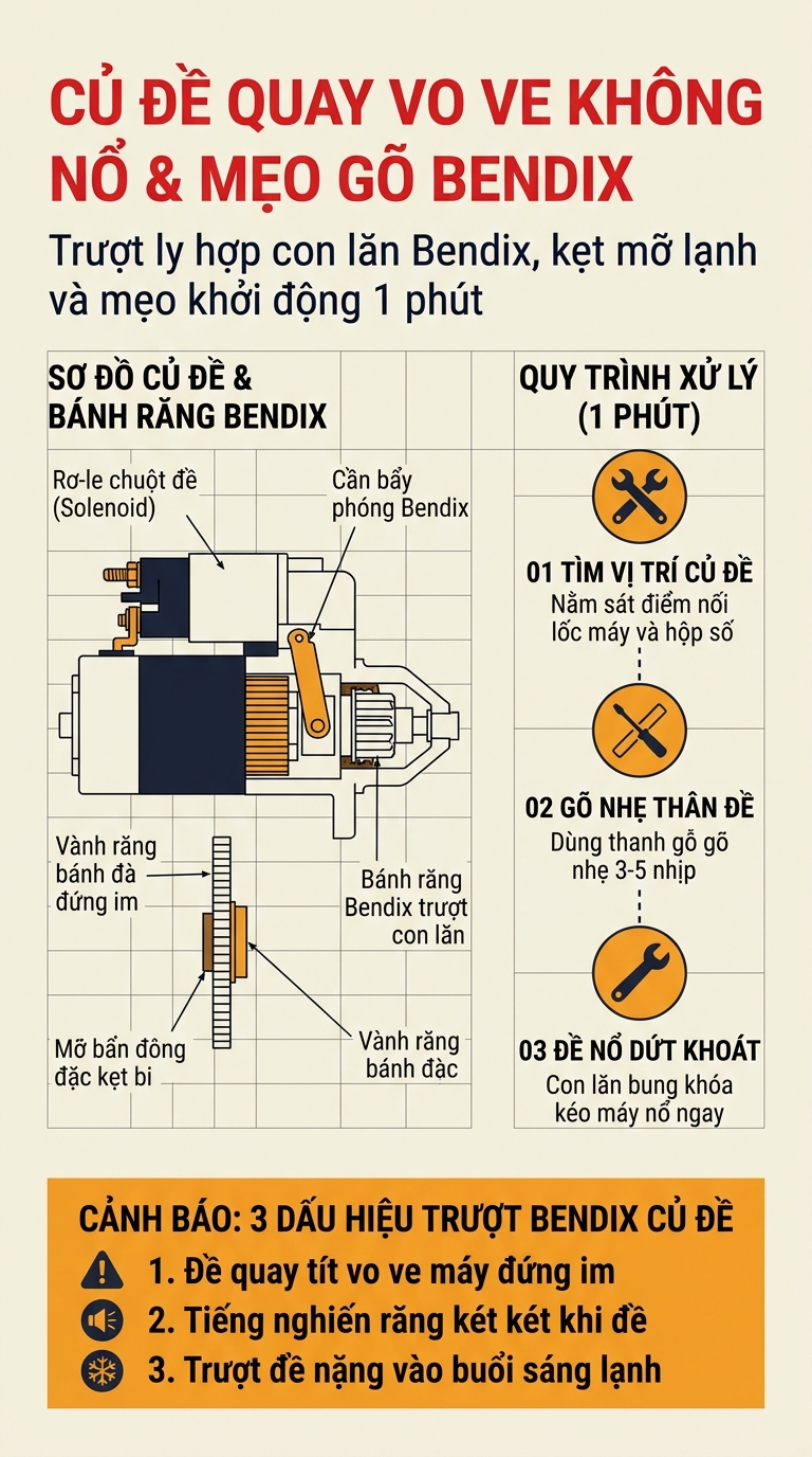 CỦ ĐỀ QUAY NHƯNG MÁY KHÔNG NỔ: MẸO GÕ BÁNH RĂNG BENDIX TRONG 1 PHÚT