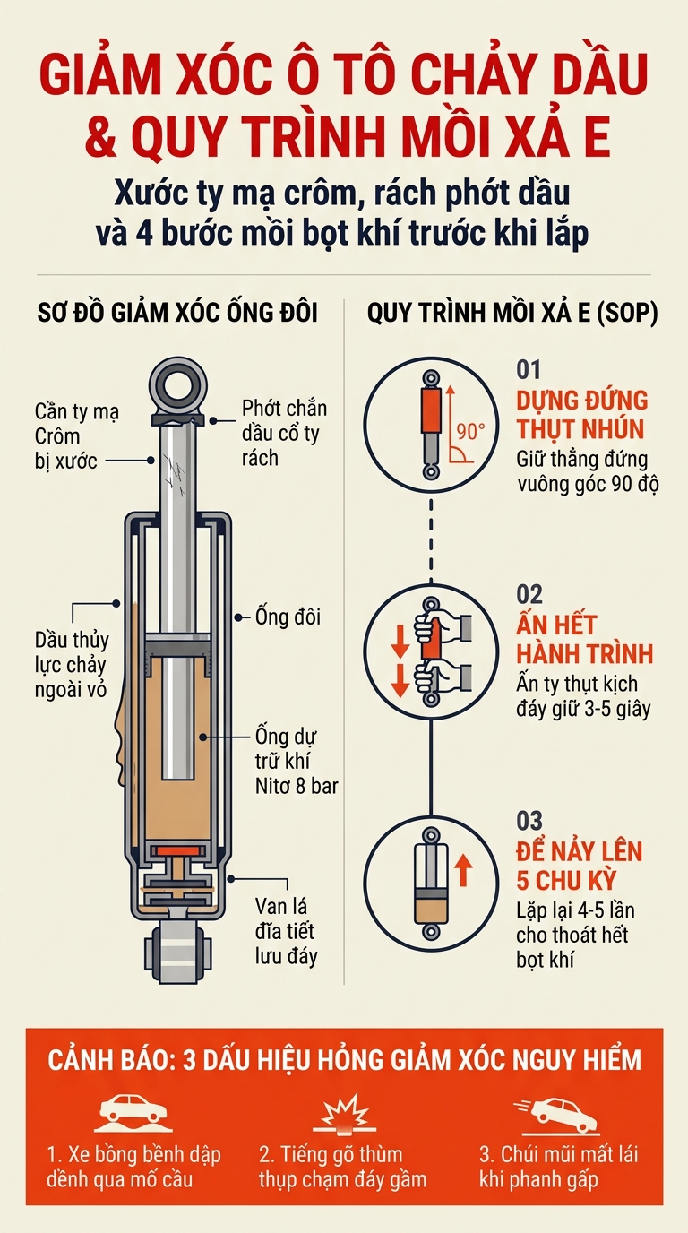 GIẢM XÓC Ô TÔ BỊ CHẢY DẦU: QUY TRÌNH MỒI XẢ E KHI THAY THẾ