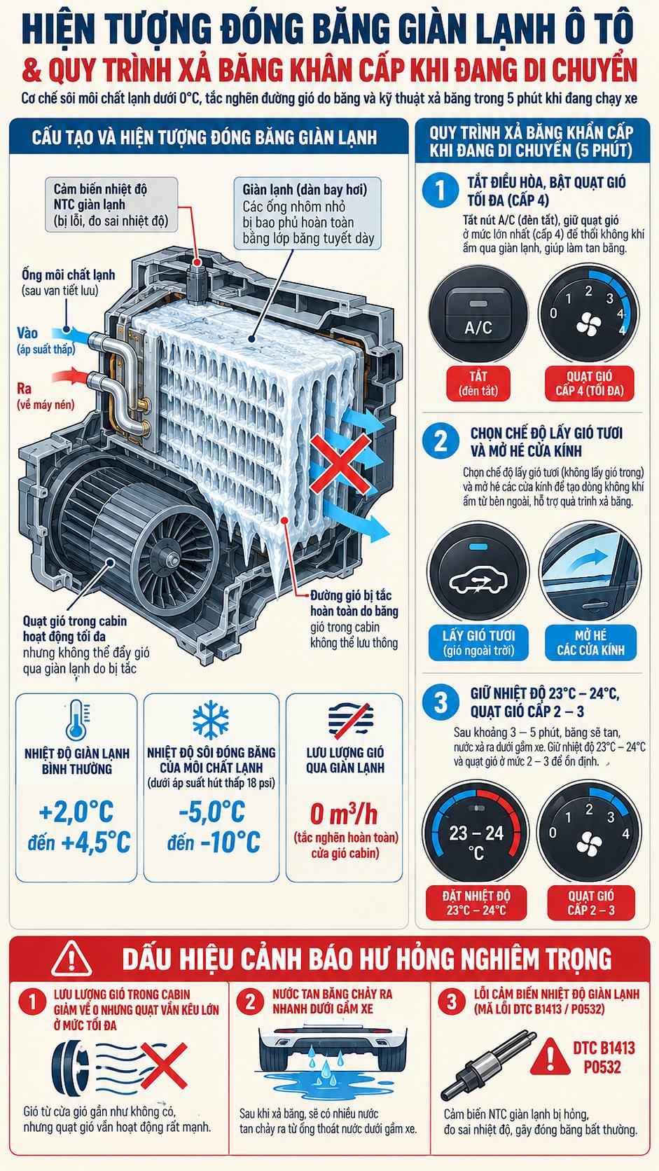 Sơ đồ giàn lạnh điều hòa ô tô đóng băng tắc gió và quy trình xả băng cấp tốc 5 phút