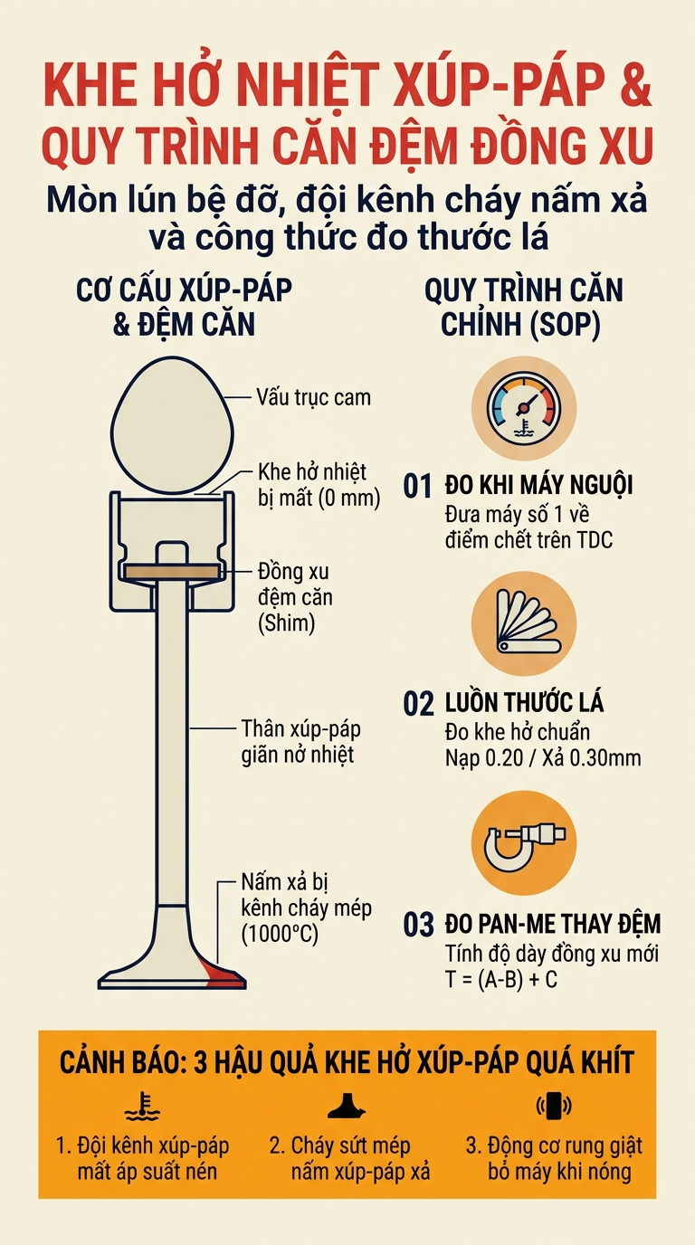 KHE HỞ NHIỆT XÚP PÁP BỊ SAI LỆCH: QUY TRÌNH CĂN ĐỆM CHUẨN XƯỞNG