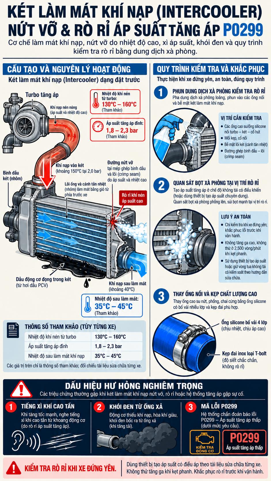 Cấu tạo két giải nhiệt khí nạp Intercooler ô tô bị nứt rách xì hơi gây khói đen lỗi P0299 và quy trình thử bọt xà phòng chuẩn xưởng
