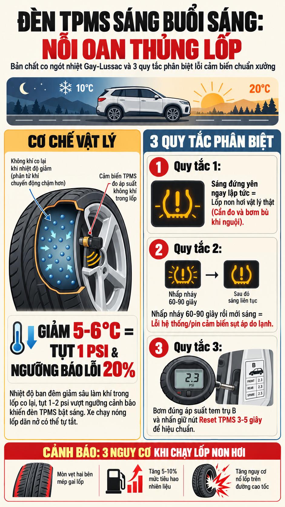 Sơ đồ phân biệt trạng thái đèn cảnh báo áp suất lốp TPMS và quy trình kiểm tra áp suất lốp ô tô