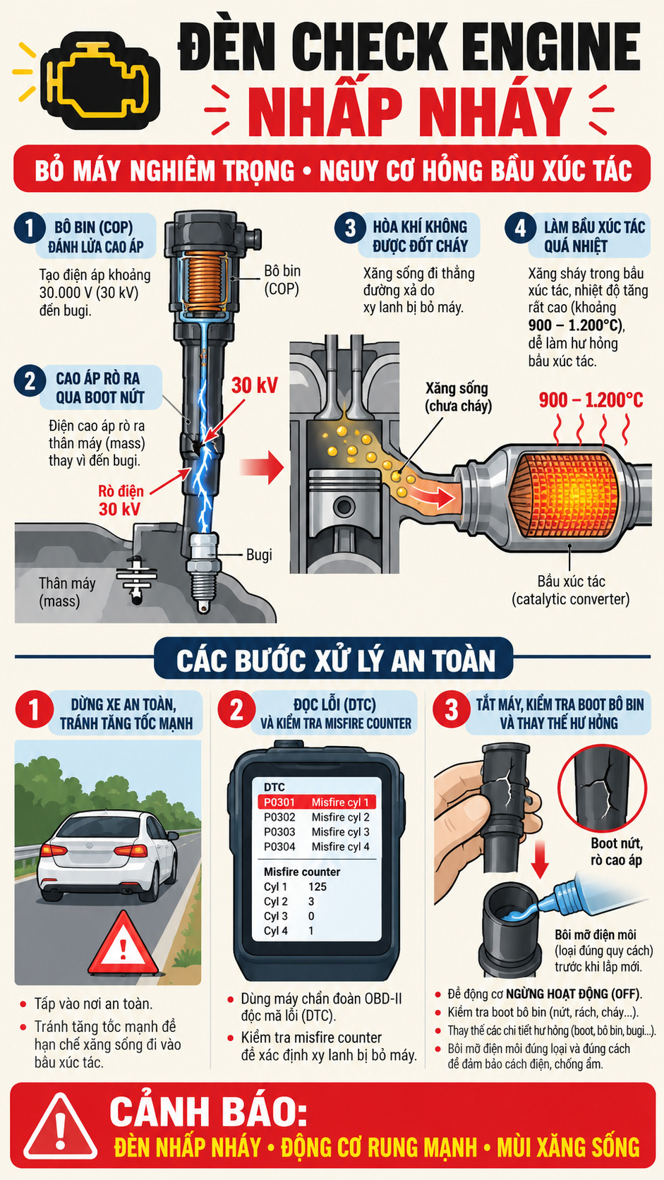 ĐÈN CHECK ENGINE NHẤP NHÁY BUỔI SÁNG: XE RUNG BẦN BẬT BỎ MÁY VÀ MẸO BẮT BỆNH BÔ-BIN