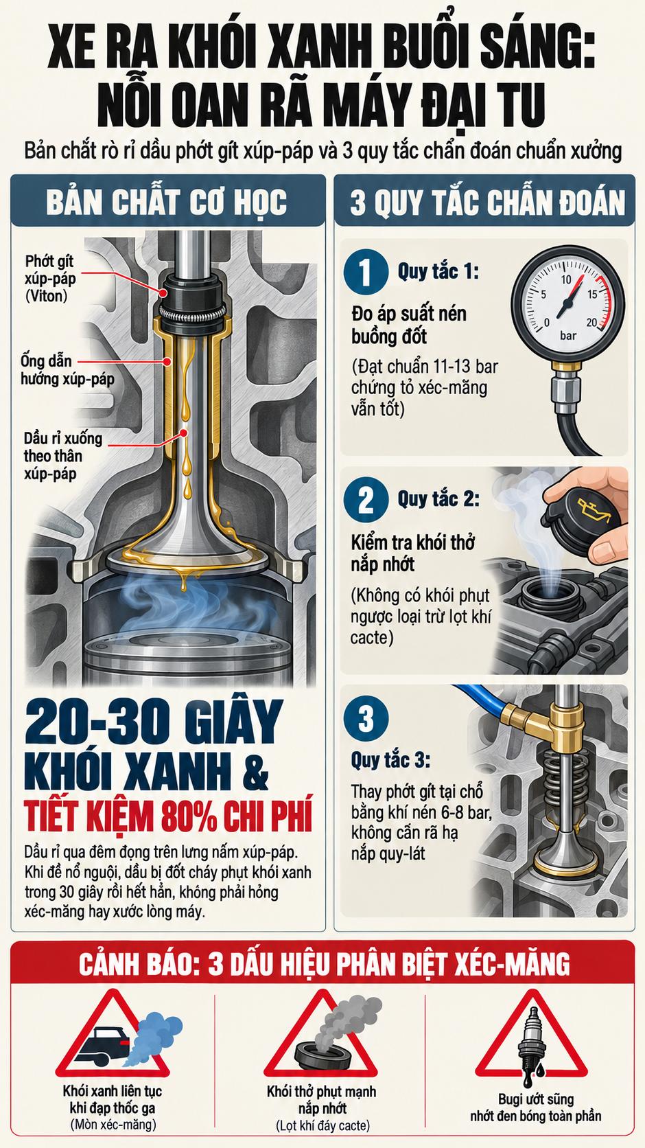 Cụm phớt gít xúp-páp cao su Viton và quy trình thay thế bằng khí nén không hạ nắp máy ô tô