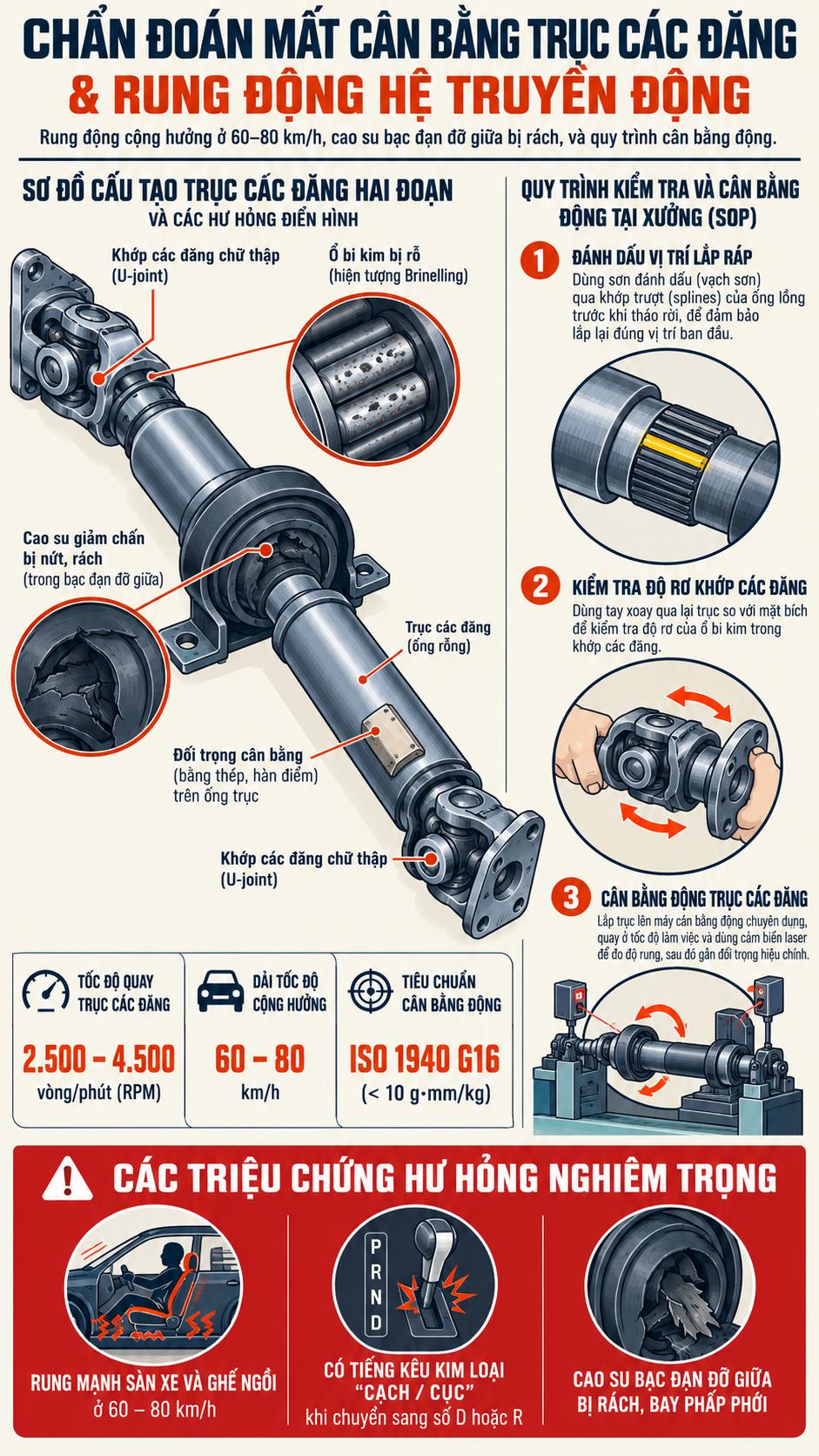Cấu tạo trục các-đăng ô tô bị mất cân bằng động rách bi treo và quy trình kiểm tra khớp chữ thập cân bằng động chuẩn xưởng