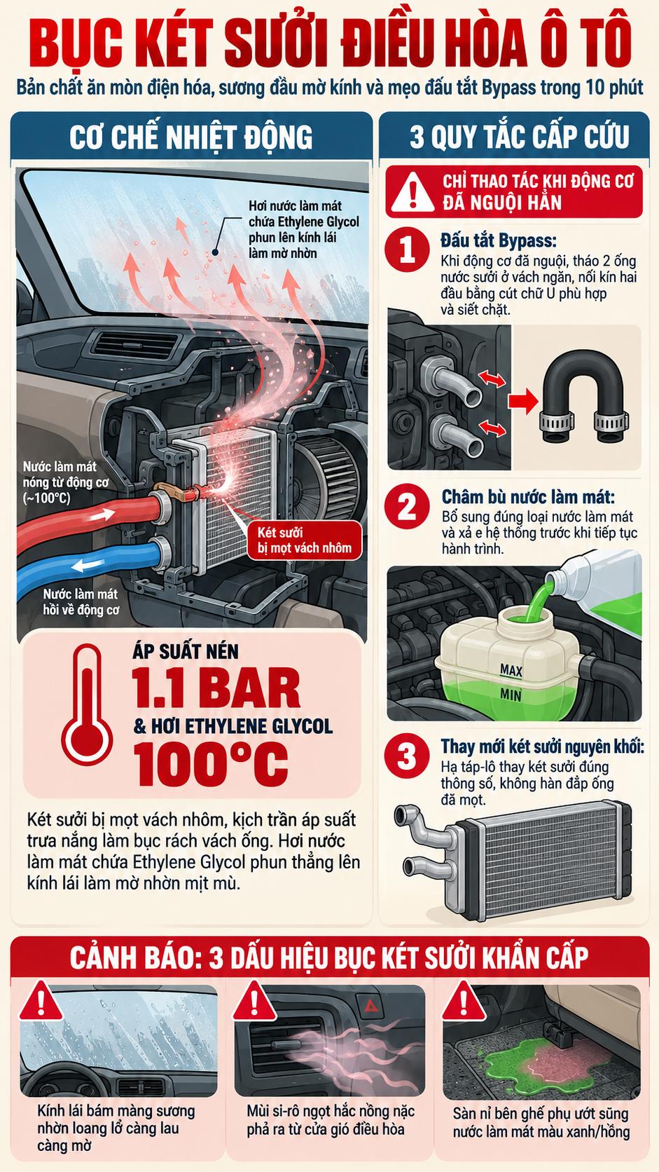 Sơ đồ cụm két sưởi điều hòa ô tô trong táp-lô và quy trình đấu tắt Bypass nước sưởi