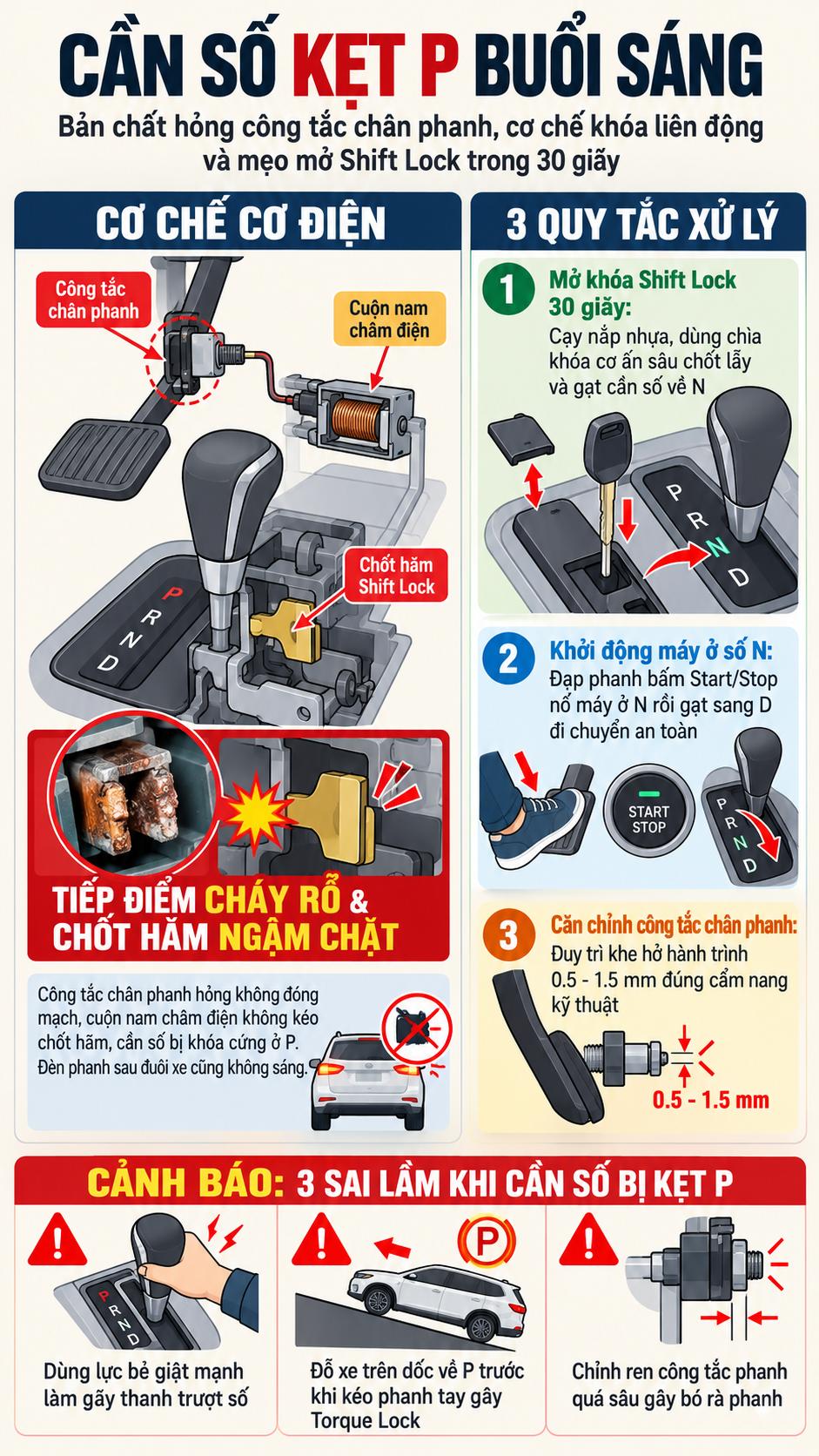 Cấu tạo hệ thống khóa cần số tự động Shift Interlock và thao tác lẫy Shift Lock Release